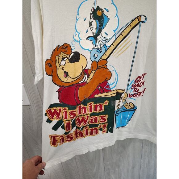 Vintage Spin Cycle Wishin I Was Fishin T-Shirt Size L Graphic T-Shirt Men's - Picture 2 of 8